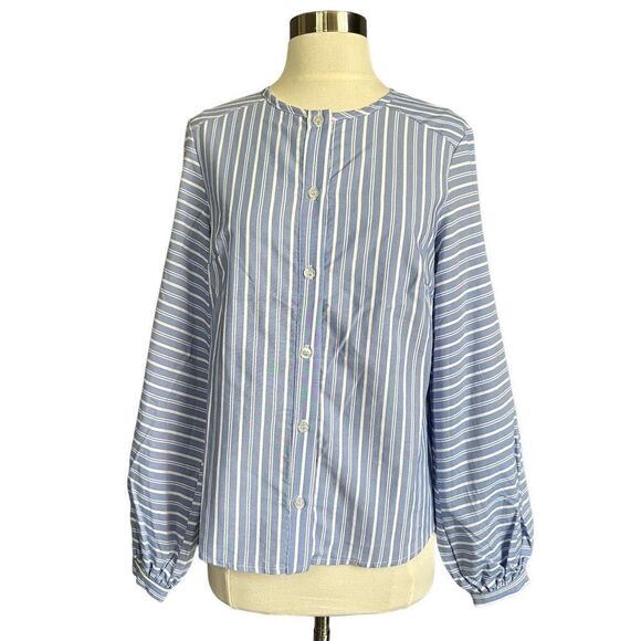 Who What Wear Puff Sleeve Yursa Striped Button Up Shirt Cerulian Stripe Blue - Picture 1 of 5